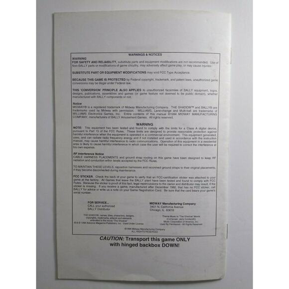 The Shadow Pinball Machine Handbook Original 1994 Game Mini Booklet UNUSED - Picture 3 of 4